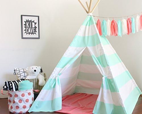 Teepee Play Tent, Mint and White Wide Striped Large Play Tee Pee, Heavy Fabric, Fort, Wigwam, Playhouse