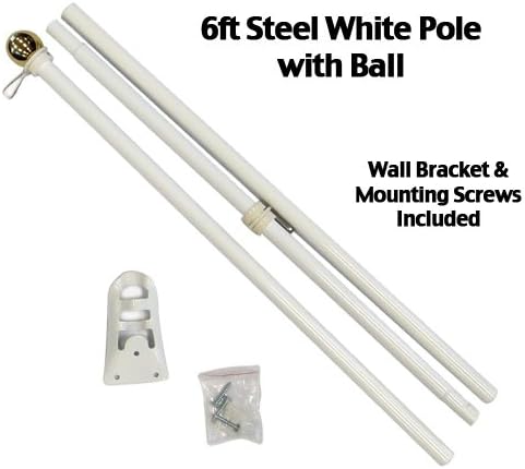 6 Foot White Steel Complete House Flag Pole Kit with Gold Ball Top and Bracket Mount (3 Piece)