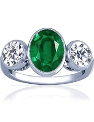 18K White Gold Oval Cut Emerald Three Stone Ring