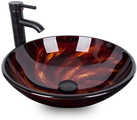 Elecwish Bathroom Round Artistic Glass Vessel Sink Counter Top With Oil Rubbed Bronze Faucet & Pop-up Drain Combo (1/2")
