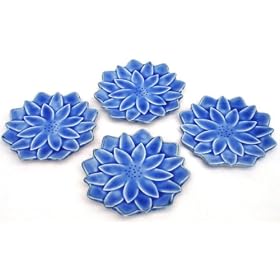 Set of Four Japanese Blue Lotus 4 1 2 Inch Porcelain Plates  Coasters