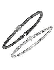 Sterling Silver Basketweave Heart Bracelets with Diamonds 7.25" - Black or White