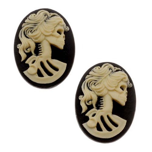 Lucite Oval Cameo Black With Cream Lolita Skeleton 18x 25mm (2 Pieces)