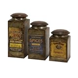 IMAX Addie Vintage Label Wood Metal Canisters Galvanized Iron Mango Wood Rubber Ring Antiqued