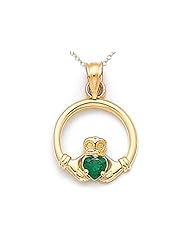 14kt Yellow Gold Small Claddagh Pendant with Simulated Emerald - Chain Included