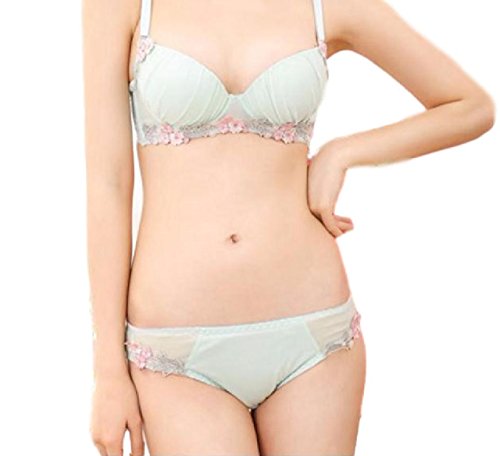 (PlaisteL) 花 咲く 綿混 フラワー レース ブラジャー ショーツ セット 清楚 かわいい 3/4 カップ レディース