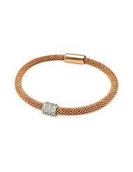 Rhodium Cubic Zirconia Bar On A Rose Gold Plated Sterling Silver Italian Bead Band Bracelet Length 7 " Bar Width 8mm Lock Magnetic