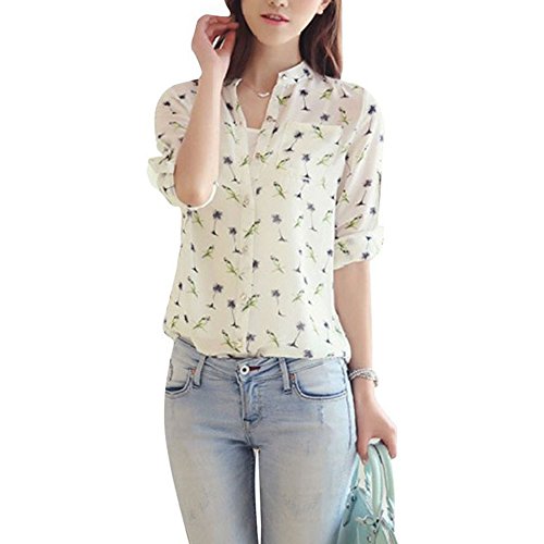 Shouhengda Women Long Sleeve Chiffon Blouse Floral Printed Button Shirts