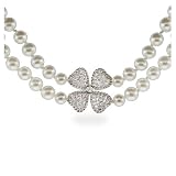 Eve's Addiction Double Strand Pearl Necklace with Pave CZ Flower