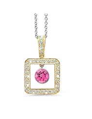 Square Diamond Pendant With A Round Cut Center Stone In 18K Yellow Gold With A 0.55 ct. Genuine Pink Tourmaline Center Stone.
