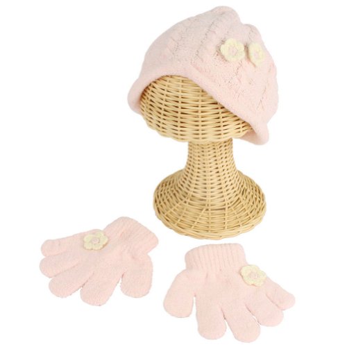 Winter Toddler Girls 2-4 Years Chenille Flower Knit Ski Beanie Hat with Gloves Set Pink