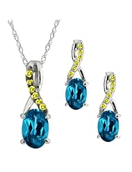 1.76 Ct Oval London Blue Topaz Gemstone 18k White Gold Pendant Earrings Set