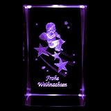 3D Laser Kristall Glasblock mit LED Beleuchtung - Weihnachten Schriftzug FROHE WEIHNACHTEN Engel mit Tropete im Sternenhimmel