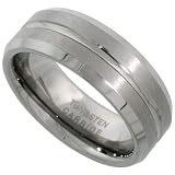Tungsten Carbide 8 mm (5/16 in.) Comfort Fit Beveled Flat Wedding Band Ring w/ Brushed Finish and Grooved Center