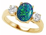 2.60 cttw 925 Sterling Silver 14K Yellow Gold Plated Lab Created Oval Blue Opal Engagement Ring - Gold Plated Silver