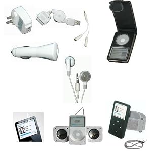 11-piece FULL ACCESSORY BUNDLE SET for iPod Video Classic 30GB 80GB BLACK Leather Case + BLACK Silicone Skin Case + Armband + Neck String +Foldable Speaker +USB WALL Charger + USB Car Charger + USB retractable data/charging cable + Stereo Headphone+ Screen Protector + Headphone Splitter