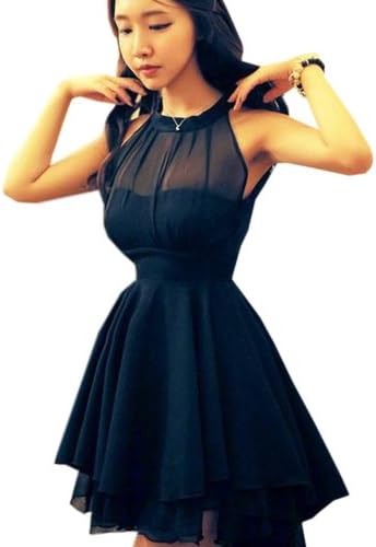Women Sleeveless Sexy Backless Chiffon Party Ball Prom Evening Short Dress 2 Size (Black, L)
