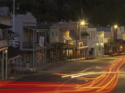 Car Lights at Night in the Gold Rush Town of Angels Camp, California