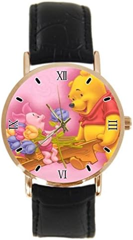 Pink Winnie The Pooh Custom Metal Sport Wrist Watch with Black Leather Band Unisex Design