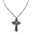 Jeweled Cross Hematite Tone Light Sapphire Color Long Necklace