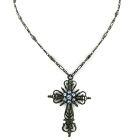 Jeweled Cross Hematite Tone Light Sapphire Color Long Necklace