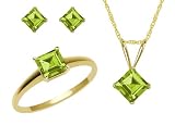 10k Yellow Gold, August Birthstone, Peridot Ring, Pendant and Earring Set, Ring Size 7