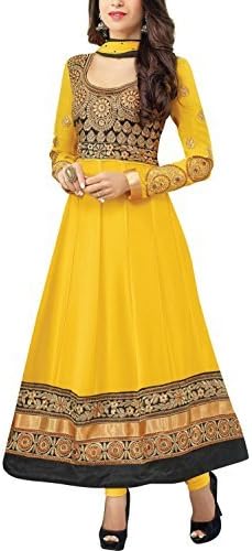 Clickedia Women's Faux Gorgette Semi Stitched Anarkali Suit One Size Yellow- Dress Material