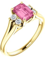 14K Yellow Gold 7.00x5.00mm Emerald Cut Chatham Created Pink Sapphire and Diamond Ring -- LIFETIME WARRANTY