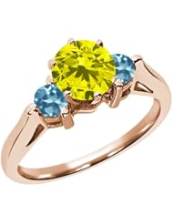0.71 Ct Round Canary Diamond Swiss Blue Topaz 18K Rose Gold 3-Stone Ring