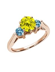 0.71 Ct Round Canary Diamond Swiss Blue Topaz 18K Rose Gold 3-Stone Ring