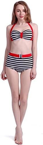 Sexy And Fashioable Women Vintage 50S Pinup Girl Rockabilly High Waist Retro Bikini Swimsuit Set Navy Stripe Red Outlinelarge Charming