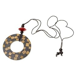 Egyptian Medallion Resin Pendant Necklace with Wood Accents