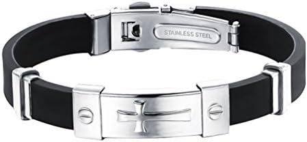 Tingem Mens Silver Gold Black Stainless Steel Genuine Silicone Bracelet Bangle Cuff Cross (Silver)