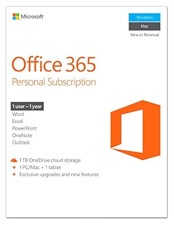 Microsoft Office 365 Personal 1 Year | PC or Mac Key Card (Packaging May Vary)
