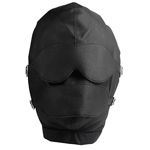 Leather Mask Hood with Blinders, Ball Gag, Mouth & Mouth Cover