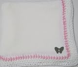 Knitted on Hand Knitting Machine White Cotton Hand Crochet Finished with Raspberry Cotton Rayon Chenille Infant Girls Large Blanket Size 32 By 45 Inches Trimmed with Black Velvet Rhinestone Butterfly