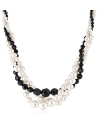 Cream Simulated Pearl and Jet Crystal Three-Strand Twist Necklace, 20"
