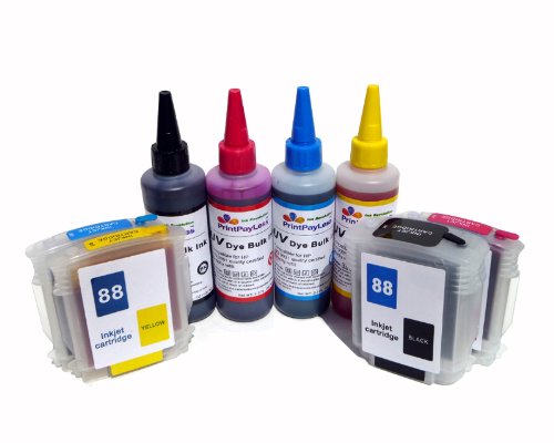 4PK Pre-filled Refillable Ink Cartridges for HP 88 /HP 88XL + 400ml (13.3 oz.) PrintPayLess Brand UV resistant Bulk Refill Ink for HP L7780,L7681, L7700, L7710, L7750