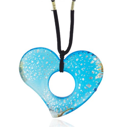 Silver Speckled Bright Blue Heart Murano Glass Necklace Pendant