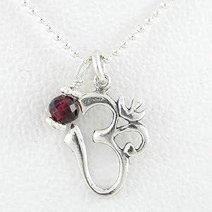 Om (Aum) Symbol Pendant in Sterling Silver with Garnet Gemstone Bead on a 20" Ball Chain, #8806