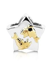 Sterling Silver and 18k Yellow Gold Accent Zodiac Charm Pisces , Fits Pandora and All Brands Charm Bracelets and Necklaces.