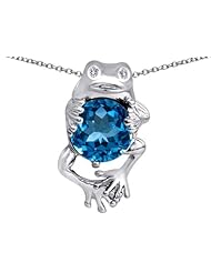Original Star K (tm) Good Luck Frog Holding Round 10mm Simulated Blue Topaz Pendant in 925 Sterling Silver