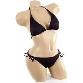 Sexy Cute Solid Black Bathing Suit 2pc Tie Side String Adjustable Slide Triangle Top Bikini Swimsuit