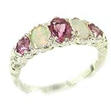 High Quality Solid 14K White Gold Natural Pink Tourmaline & Opal English Victorian Ring - Finger Sizes 5 to 12 Available