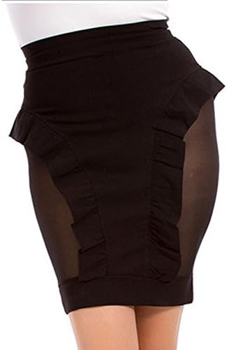 8009-12 - Plus Size Sexy Mesh Insert Peplum Fitted Club Mini Skirt Black (2X)