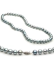 14k White Gold 7.5-8mm Silver Baroque Akoya Saltwater Cultured Pearl Necklace AA Quality, 18 Inch