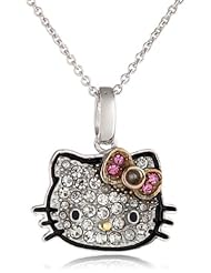 Hello Kitty Girls "Black Outline" Sterling Silver Pave Crystal Face Pink Crystal Bow Pendant Necklace, 18"