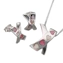 Silver Pink & White Mother Of Pearl Heart Kiss Pendant + Earring Set 18"
