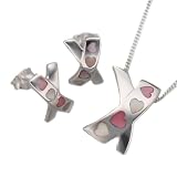 Silver Pink & White Mother-of-Pearl Heart Kiss Pendant + Earrings Set 41cm - 46cm adjustable chain