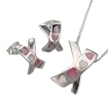 Silver Pink & White Mother-of-Pearl Heart Kiss Pendant + Earrings Set 41cm - 46cm adjustable chain